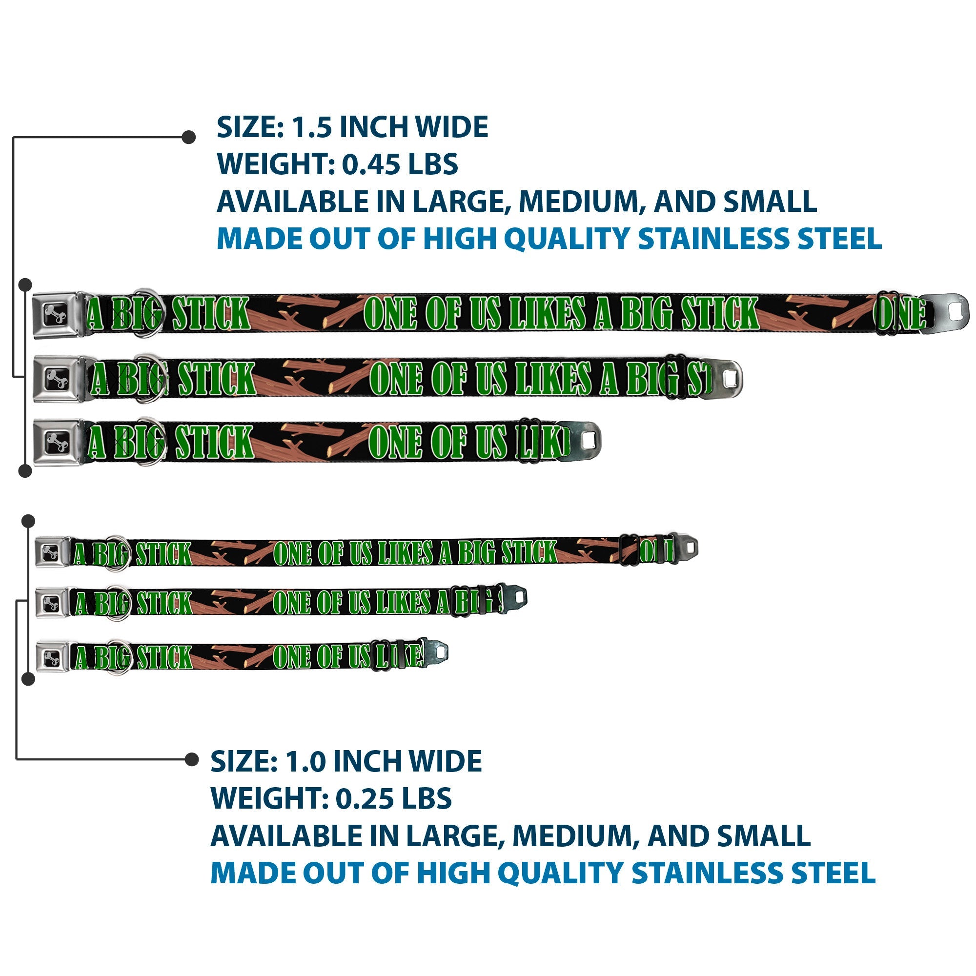 Buckle-Down Seatbelt Buckle Dog Collar - ONE OF US LIKES BIG STICKS/Sticks Black/Brown/Green