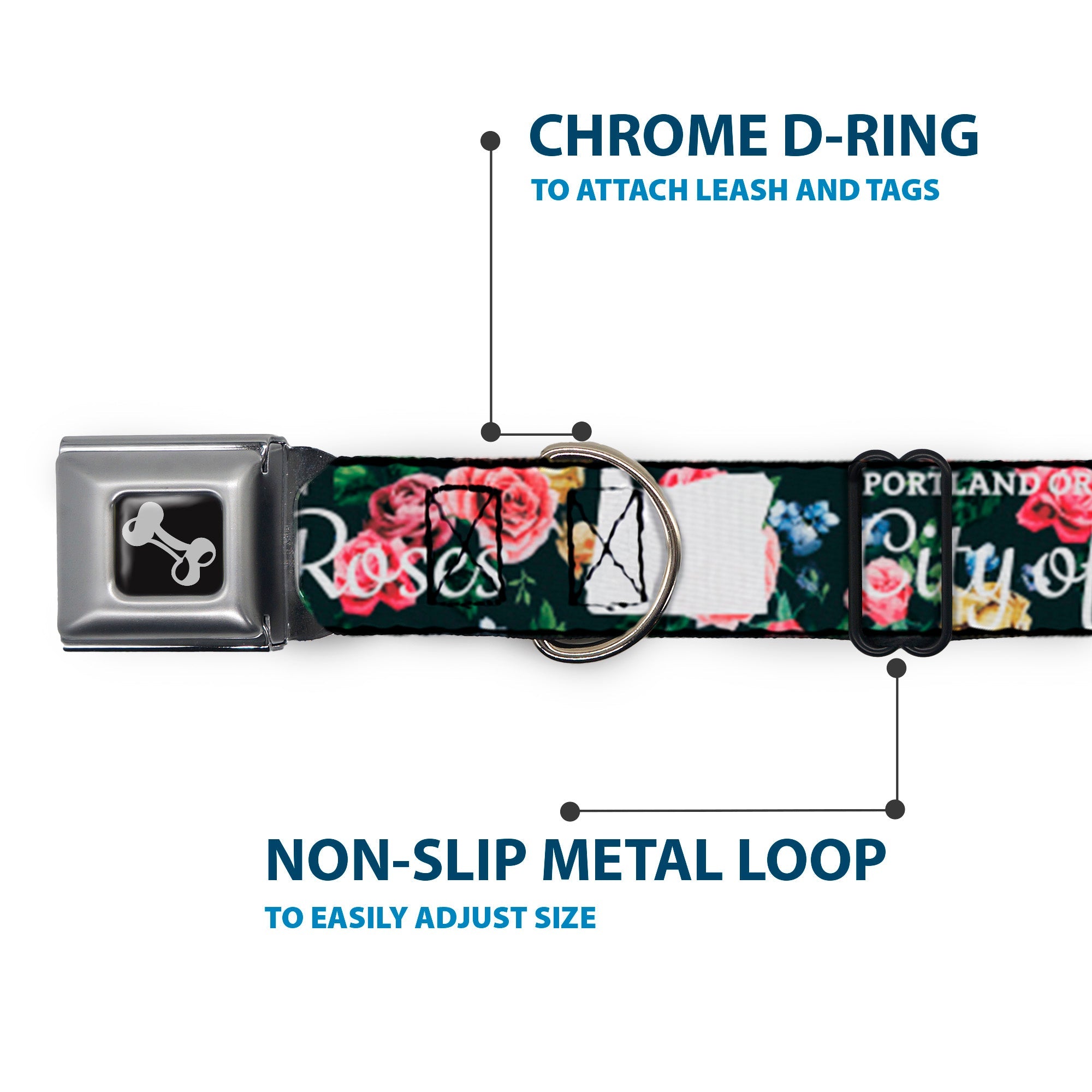 Dog Bone Seatbelt Buckle Collar - Oregon Silhouette/PORTLAND OREGON-CITY OF ROSES Roses/White