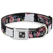 Dog Bone Seatbelt Buckle Collar - Oregon Silhouette/PORTLAND OREGON-CITY OF ROSES Roses/White