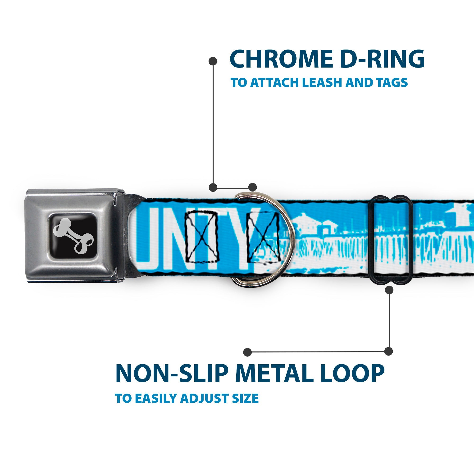 Dog Bone Seatbelt Buckle Collar - ORANGE COUNTY/Pier Scene Blue/White