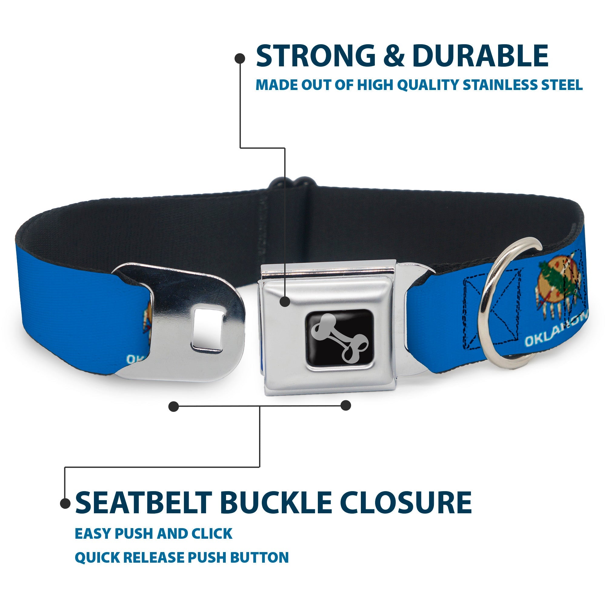 Dog Bone Black/Silver Seatbelt Buckle Collar - Oklahoma State Flag Sky Blue/White