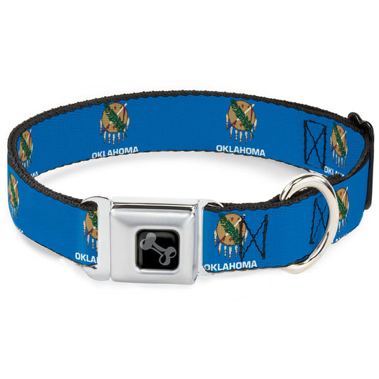 Dog Bone Black/Silver Seatbelt Buckle Collar - Oklahoma State Flag Sky Blue/White