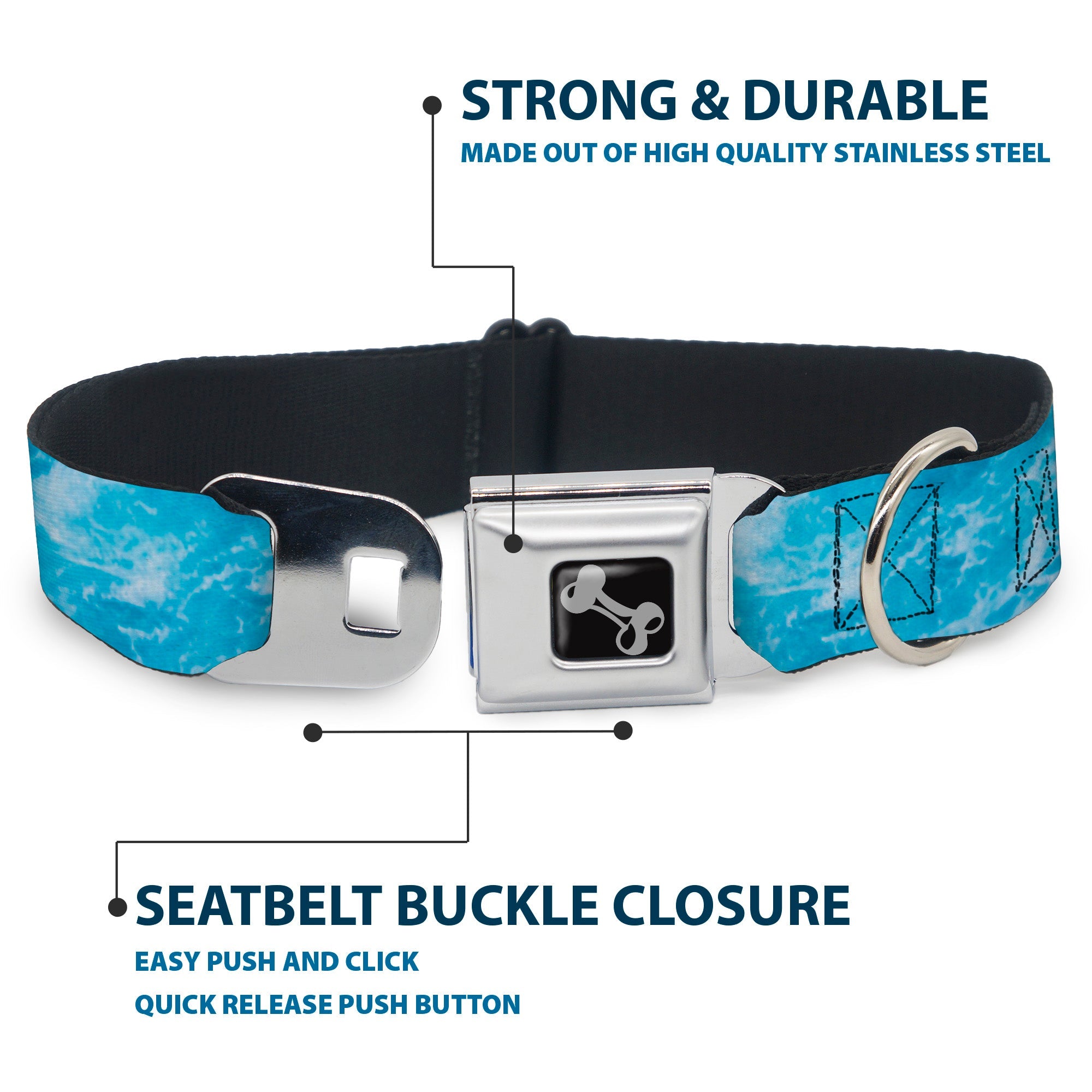Dog Bone Black/Silver Seatbelt Buckle Collar - Ocean Vivid White Wash