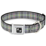 Dog Bone Seatbelt Buckle Collar - Plaid Gray/Multi Neon