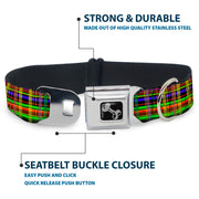 Dog Bone Seatbelt Buckle Collar - Plaid Black/Multi Neon