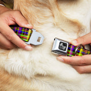 Dog Bone Seatbelt Buckle Collar - Plaid Black/Multi Neon