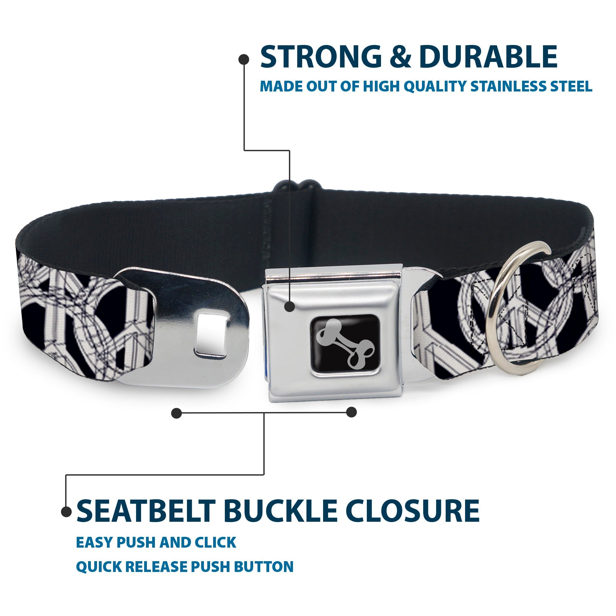 Dog Bone Seatbelt Buckle Collar - Peace Sketch Black/White
