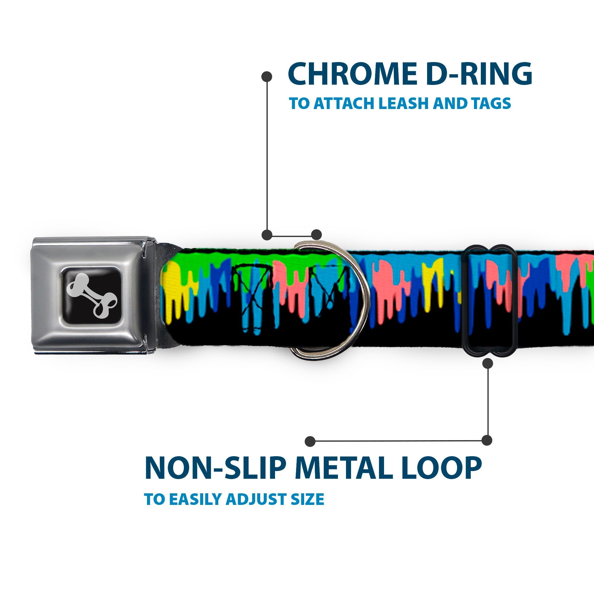 Dog Bone Seatbelt Buckle Collar - Paint Drips Black/Multi Neon