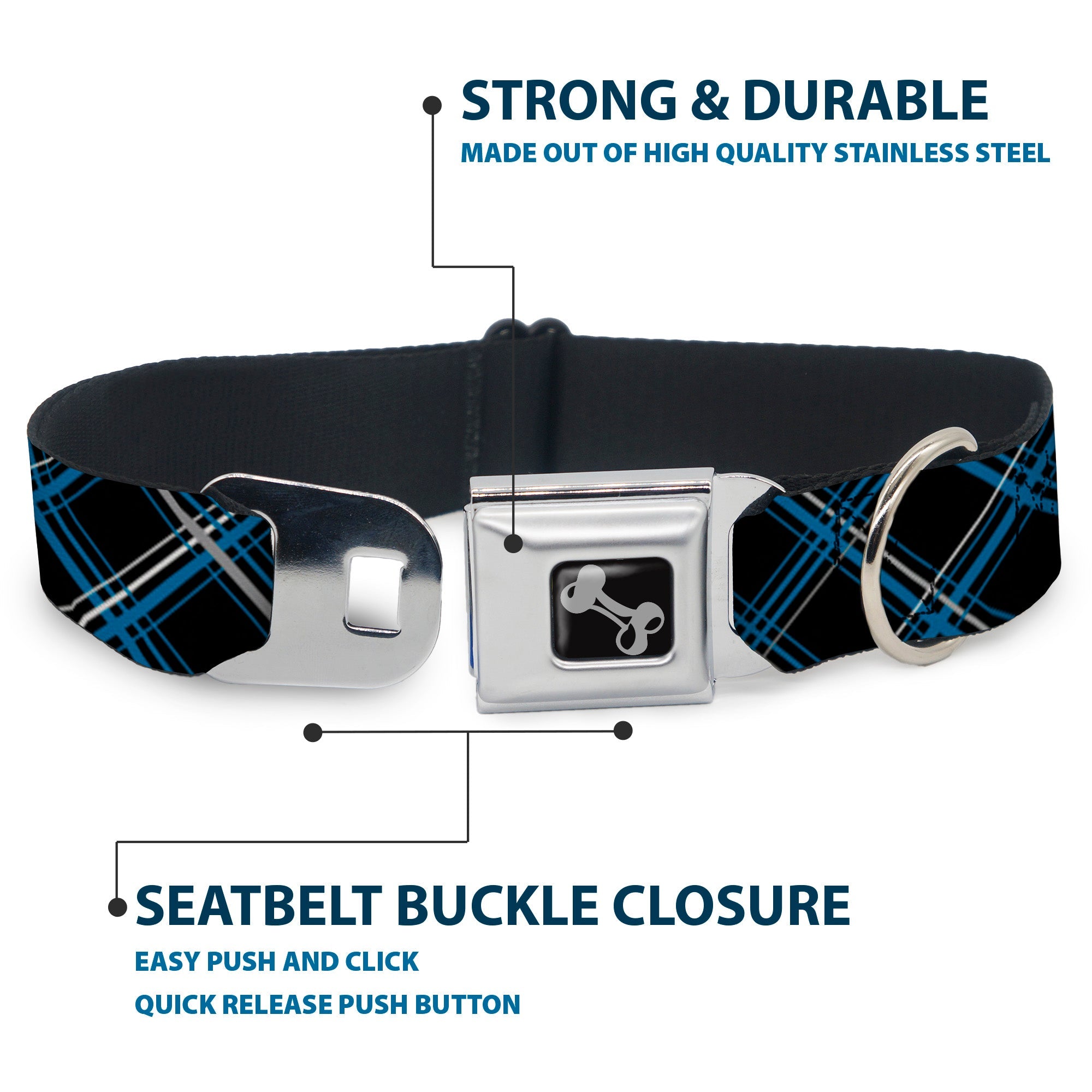 Dog Bone Seatbelt Buckle Collar - Plaid Black/Turquoise/Gray