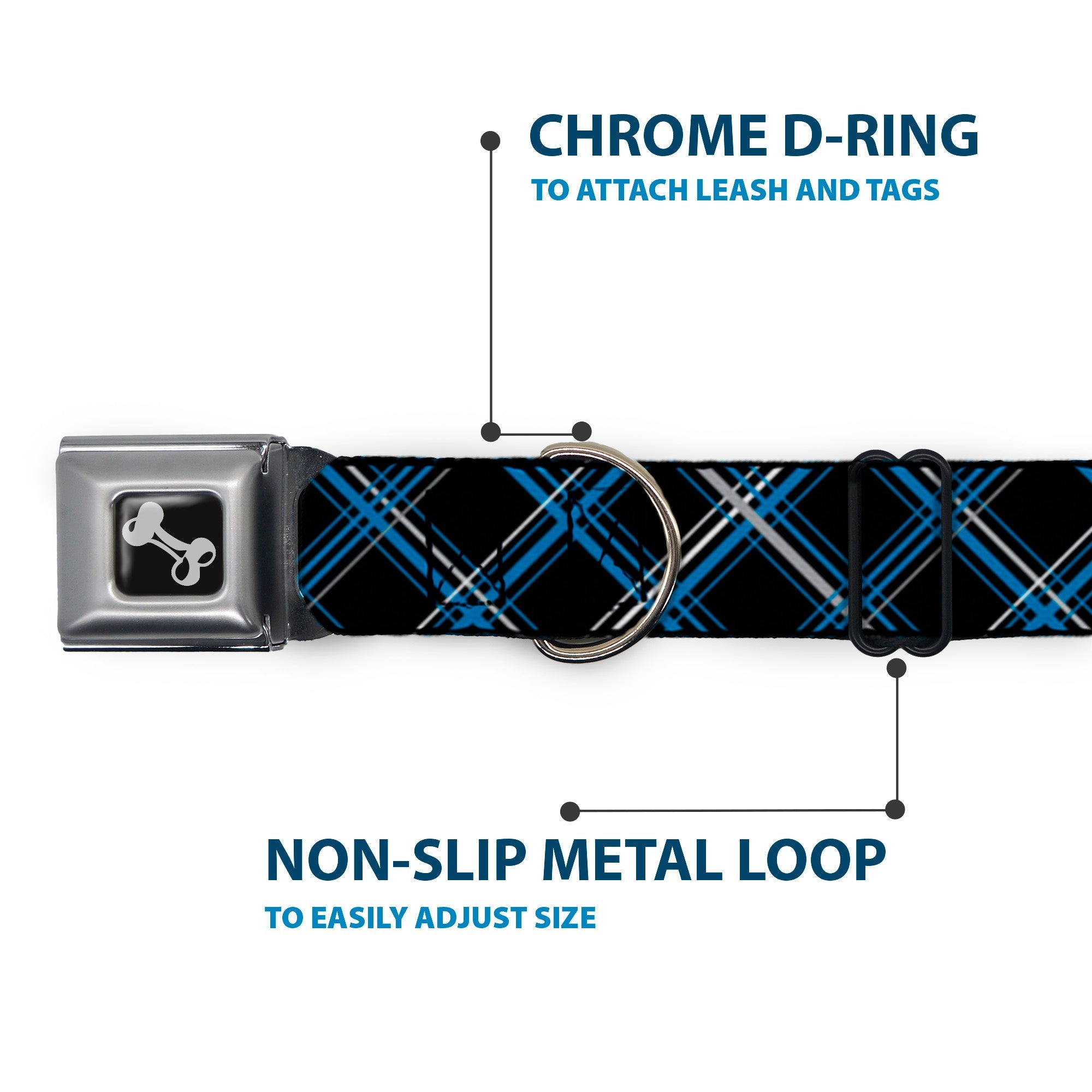 Dog Bone Seatbelt Buckle Collar - Plaid Black/Turquoise/Gray