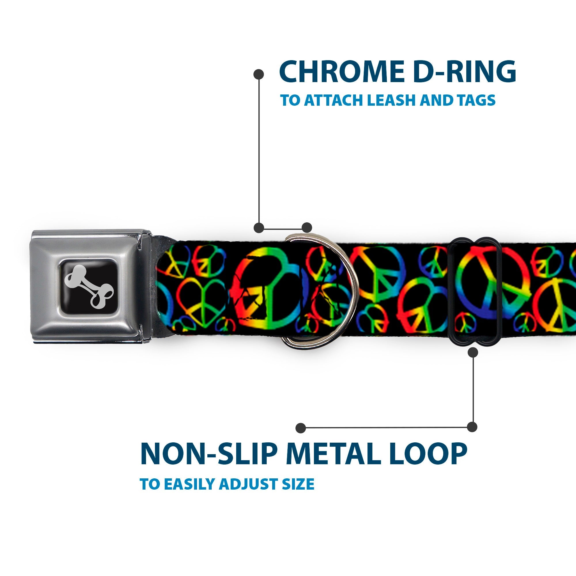 Dog Bone Seatbelt Buckle Collar - Peace Heart Black/Rainbow Ombre