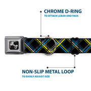 Dog Bone Seatbelt Buckle Collar - Plaid Black/Yellow/Turquoise/Gray