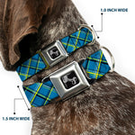 Dog Bone Seatbelt Buckle Collar - Plaid Turquoise/Yellow/Black/Gray