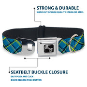 Dog Bone Seatbelt Buckle Collar - Plaid Turquoise/Yellow/Black/Gray