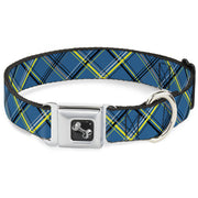 Dog Bone Seatbelt Buckle Collar - Plaid Turquoise/Yellow/Black/Gray