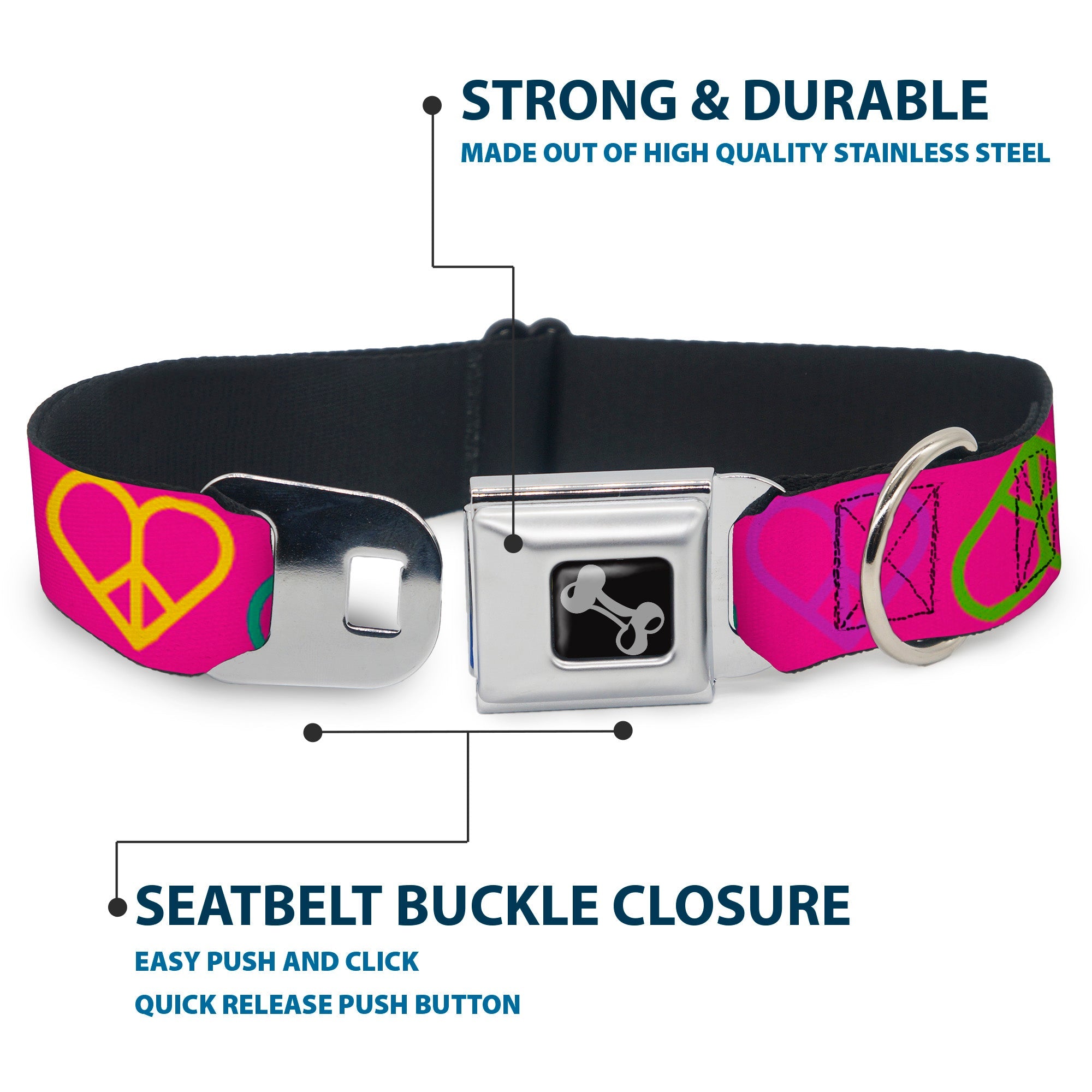 Dog Bone Seatbelt Buckle Collar - Peace Hearts Repeat Fuchsia/Neon