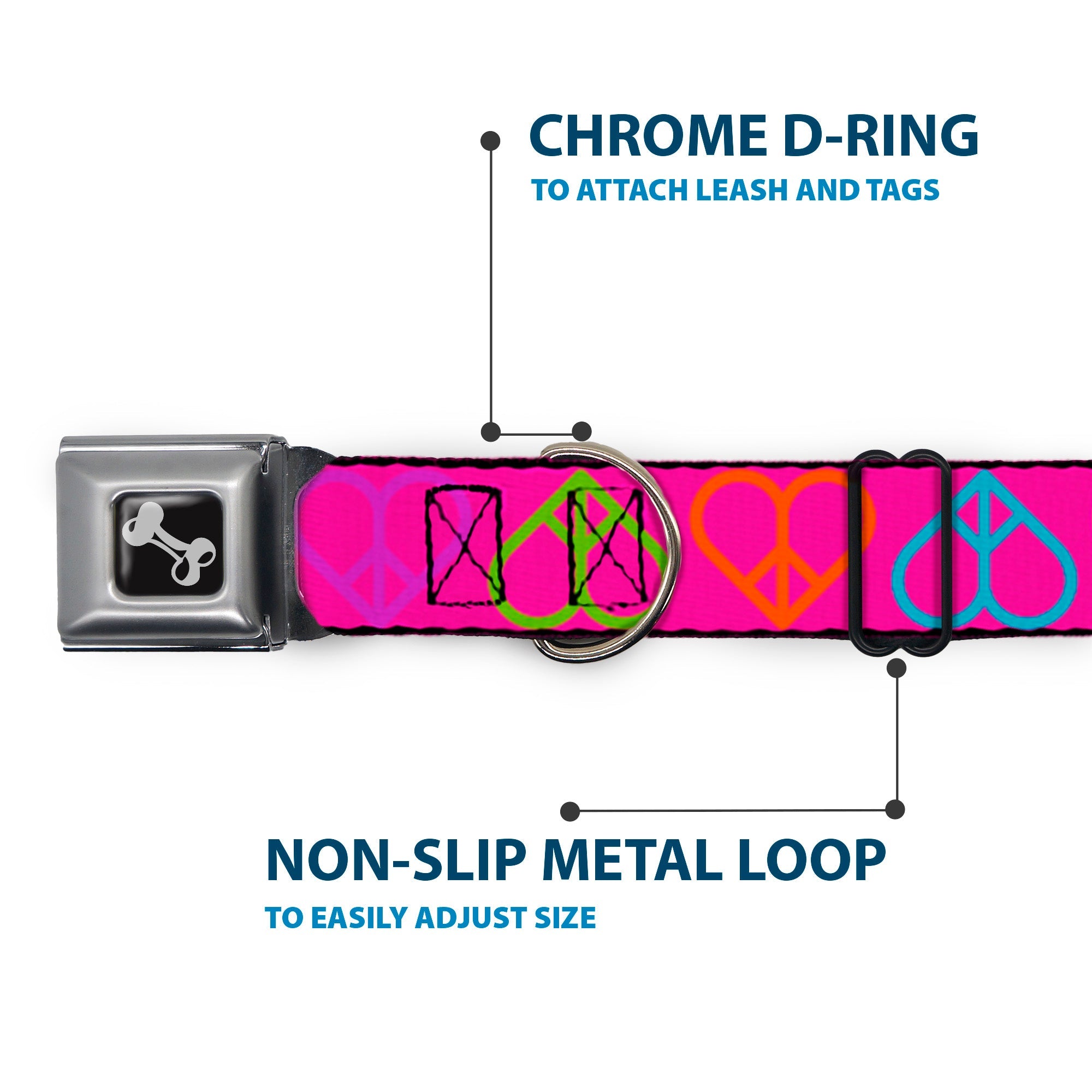 Dog Bone Seatbelt Buckle Collar - Peace Hearts Repeat Fuchsia/Neon