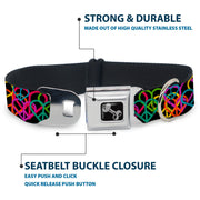 Dog Bone Seatbelt Buckle Collar - Peace Hearts Stacked Black/Neon