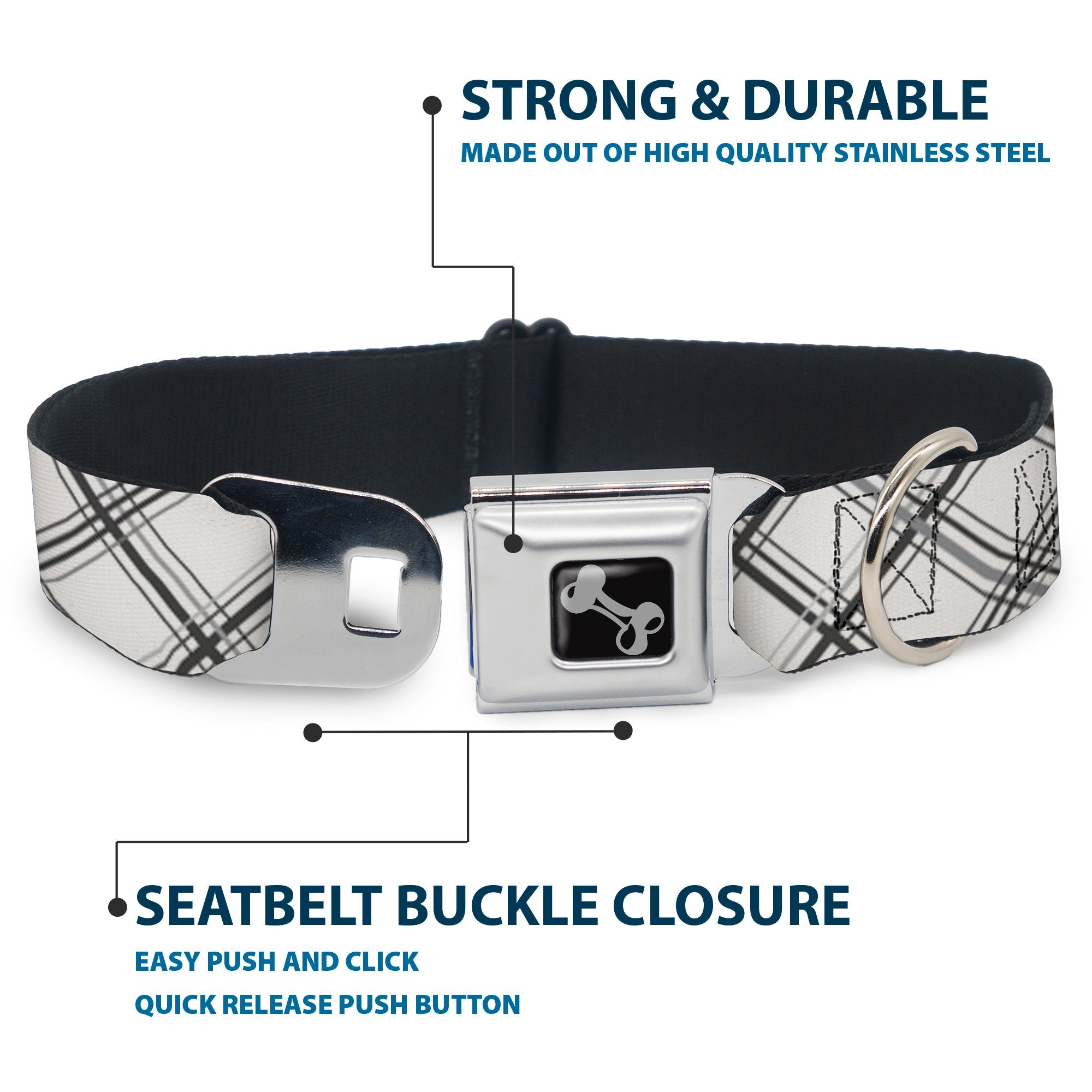 Dog Bone Seatbelt Buckle Collar - Plaid X White/Gray