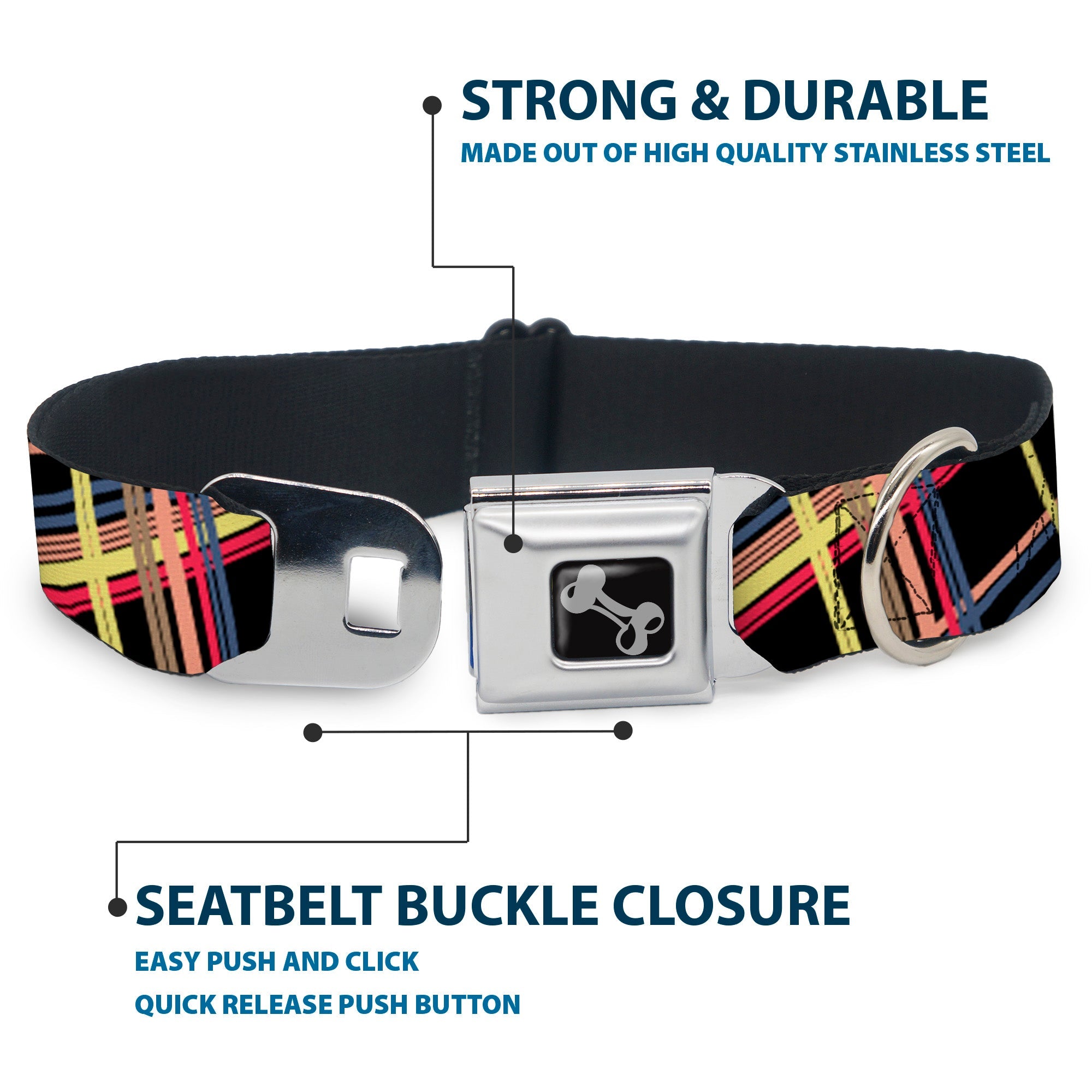 Dog Bone Seatbelt Buckle Collar - Plaid Black/Yellow/Red/Blue/Orange