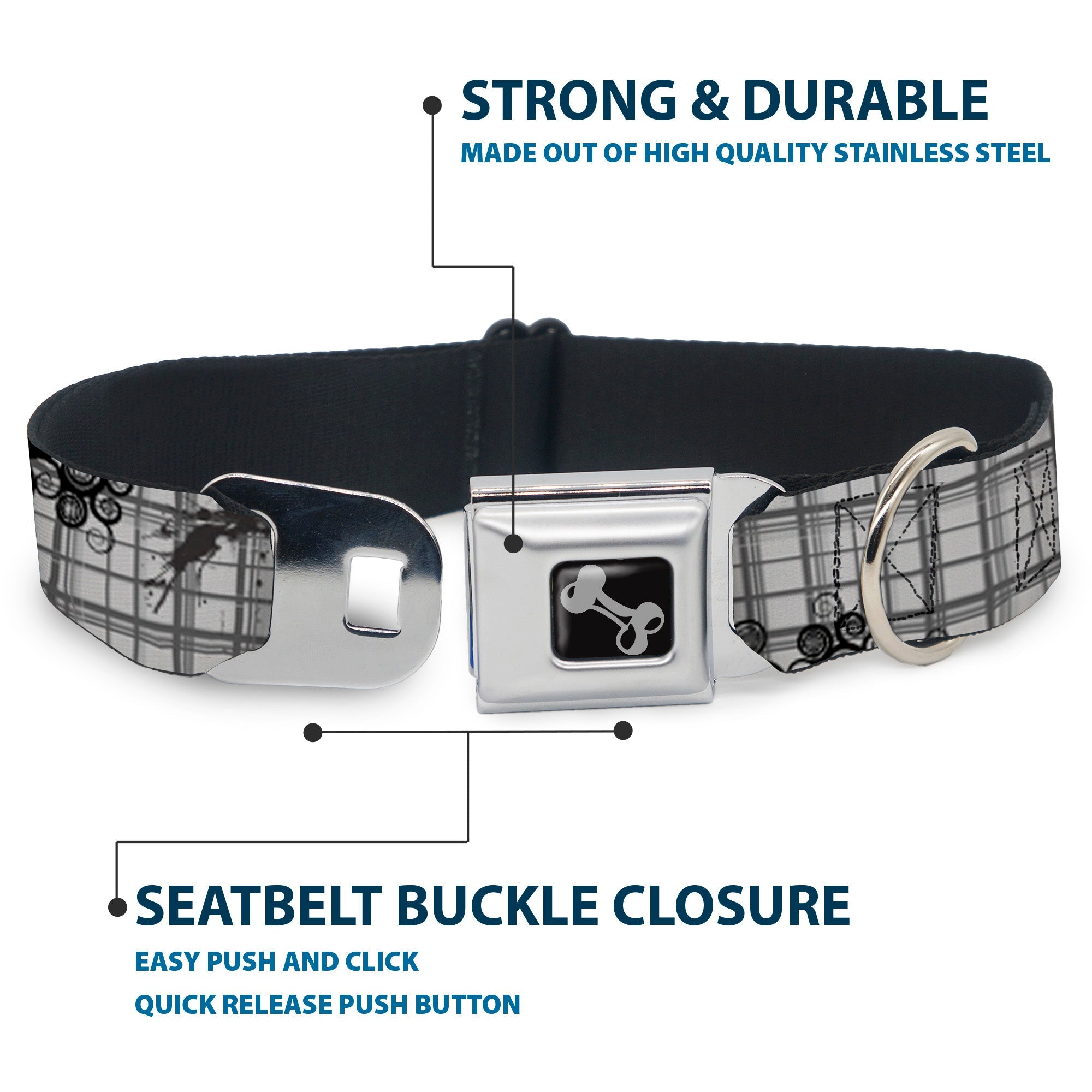 Dog Bone Seatbelt Buckle Collar - Plaid Curls Gray