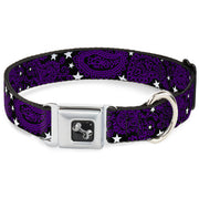 Dog Bone Seatbelt Buckle Collar - Paisley Stars Black/Purple/White