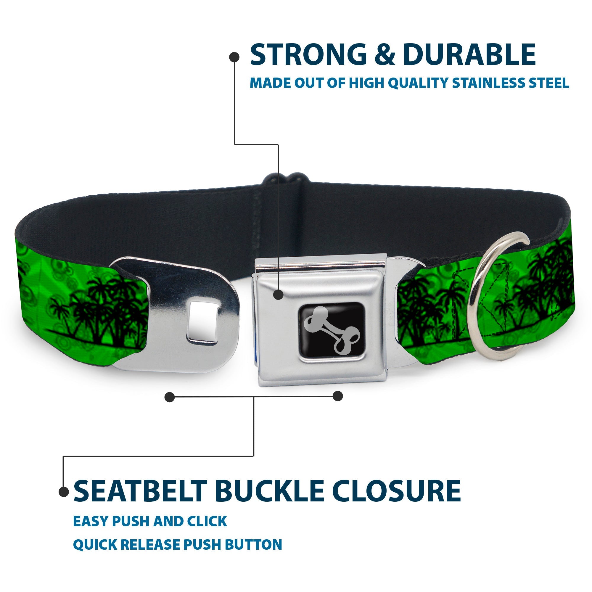 Dog Bone Seatbelt Buckle Collar - Palm Trees/Rings Greens/Blacks