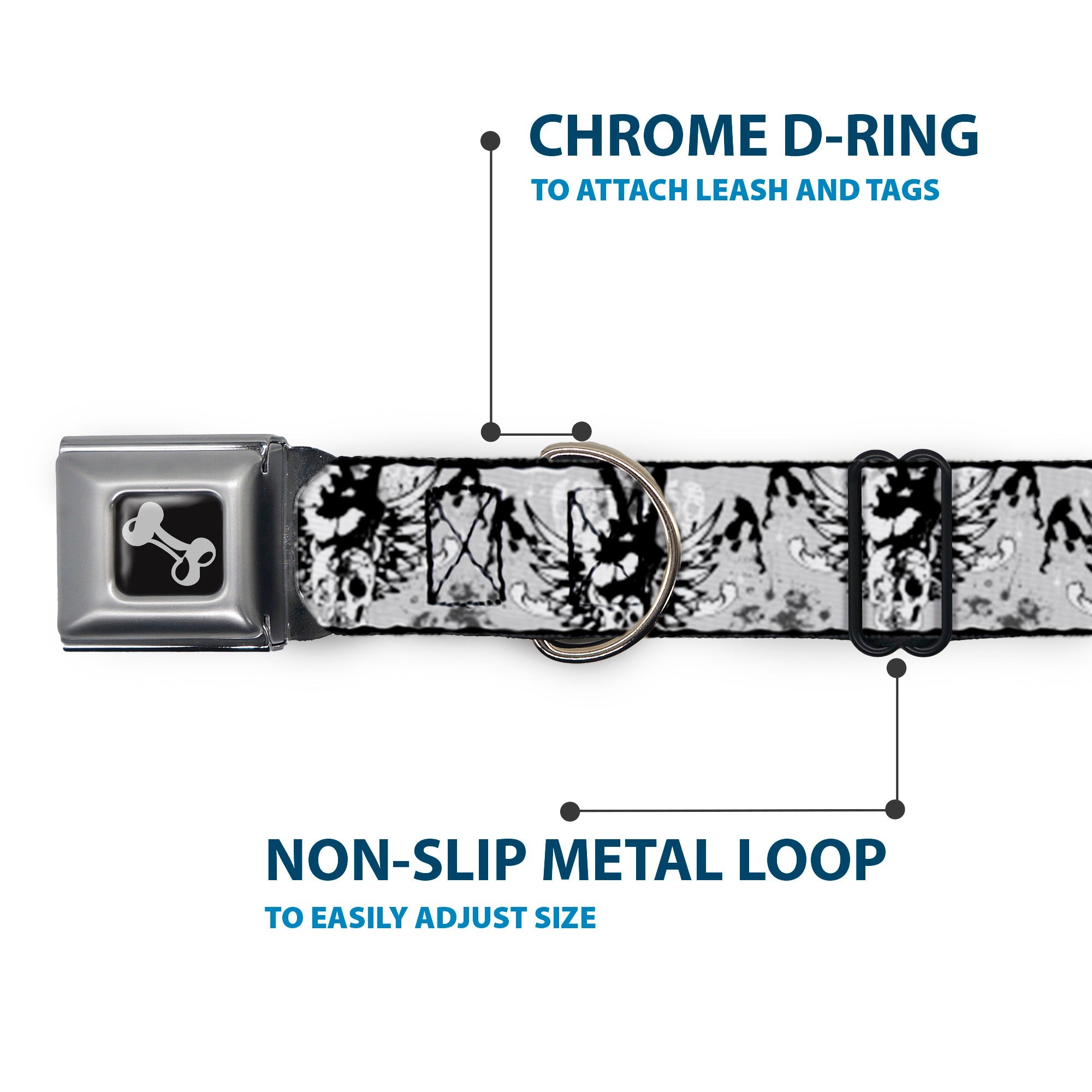 Dog Bone Seatbelt Buckle Collar - Peace w/Wings Gray