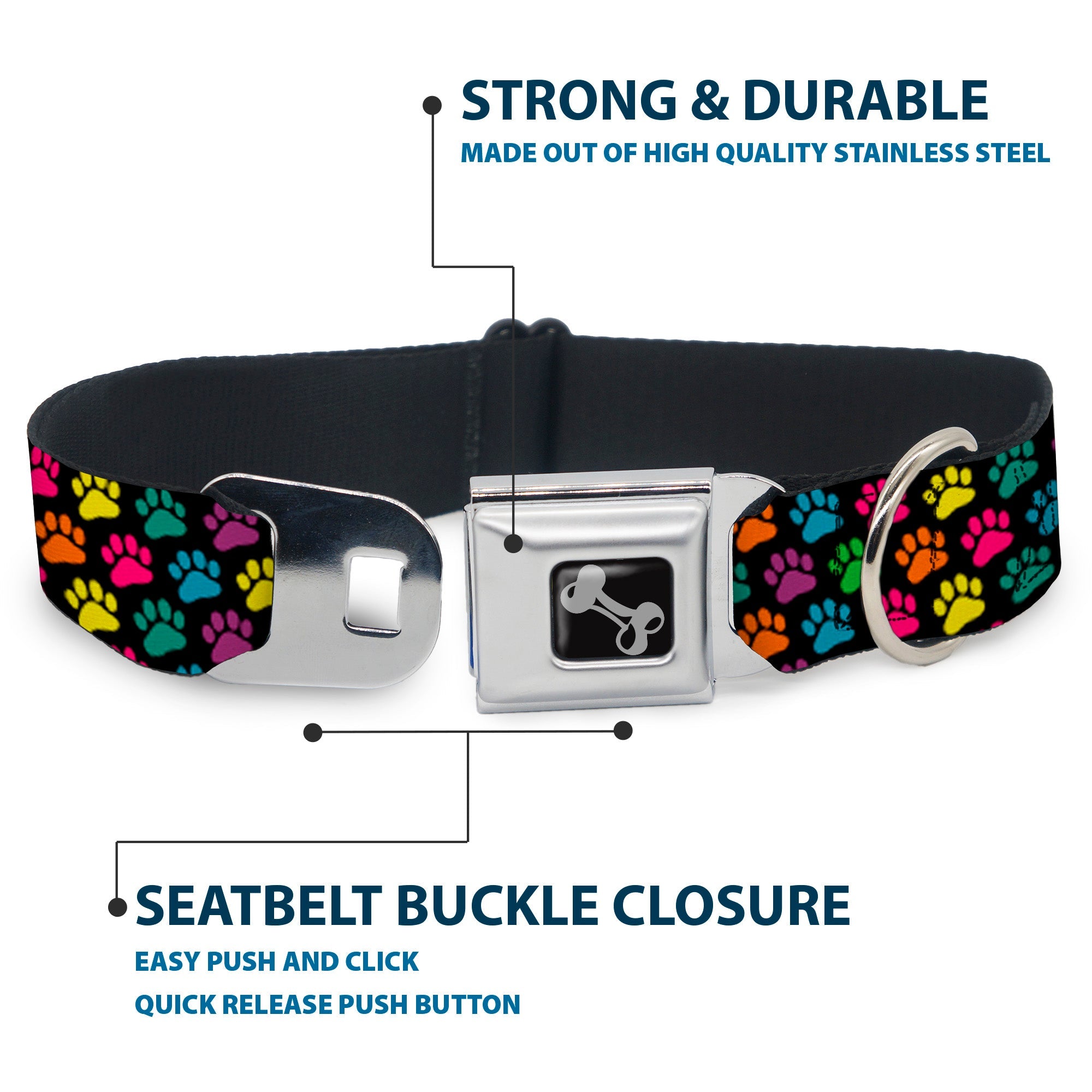 Dog Bone Seatbelt Buckle Collar - Paw Print Black/Multi Color