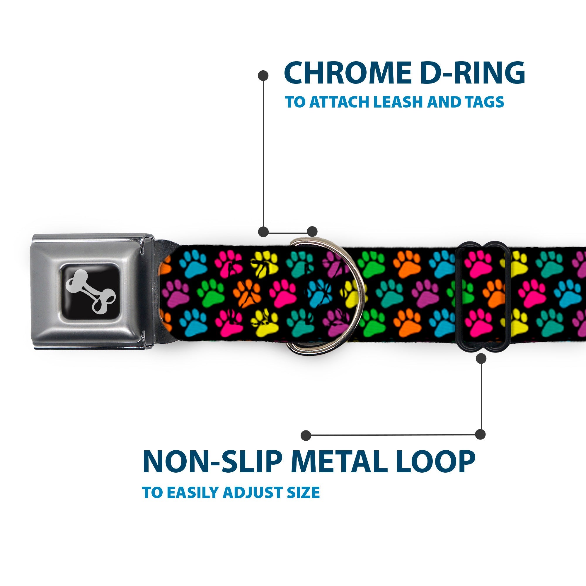 Dog Bone Seatbelt Buckle Collar - Paw Print Black/Multi Color