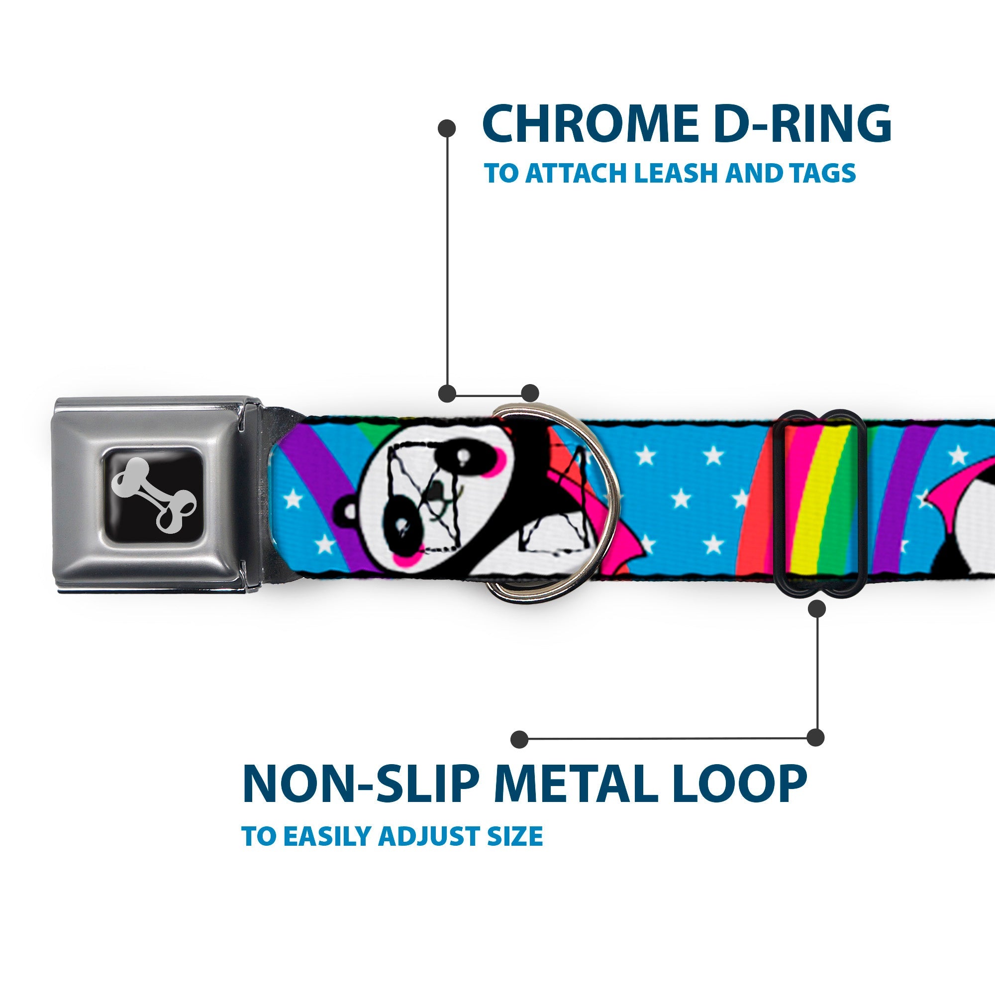 Dog Bone Seatbelt Buckle Collar - Pandas & Rainbows w/Stars