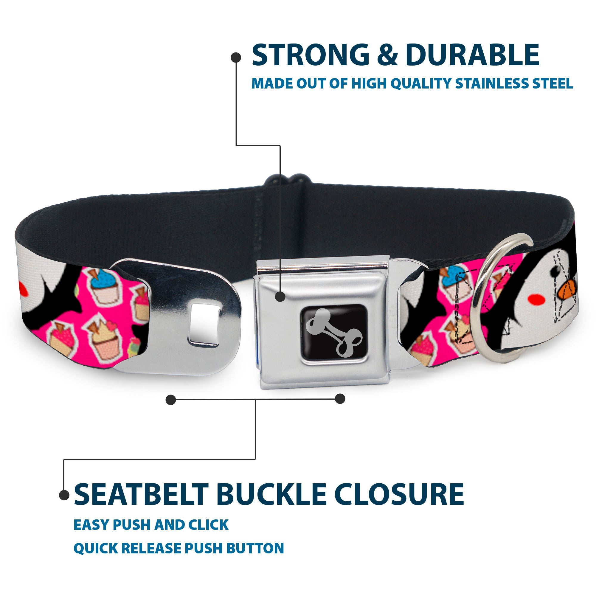 Dog Bone Black/Silver Seatbelt Buckle Collar - Penguins w/Cupcakes Fuchsia/Purple/White