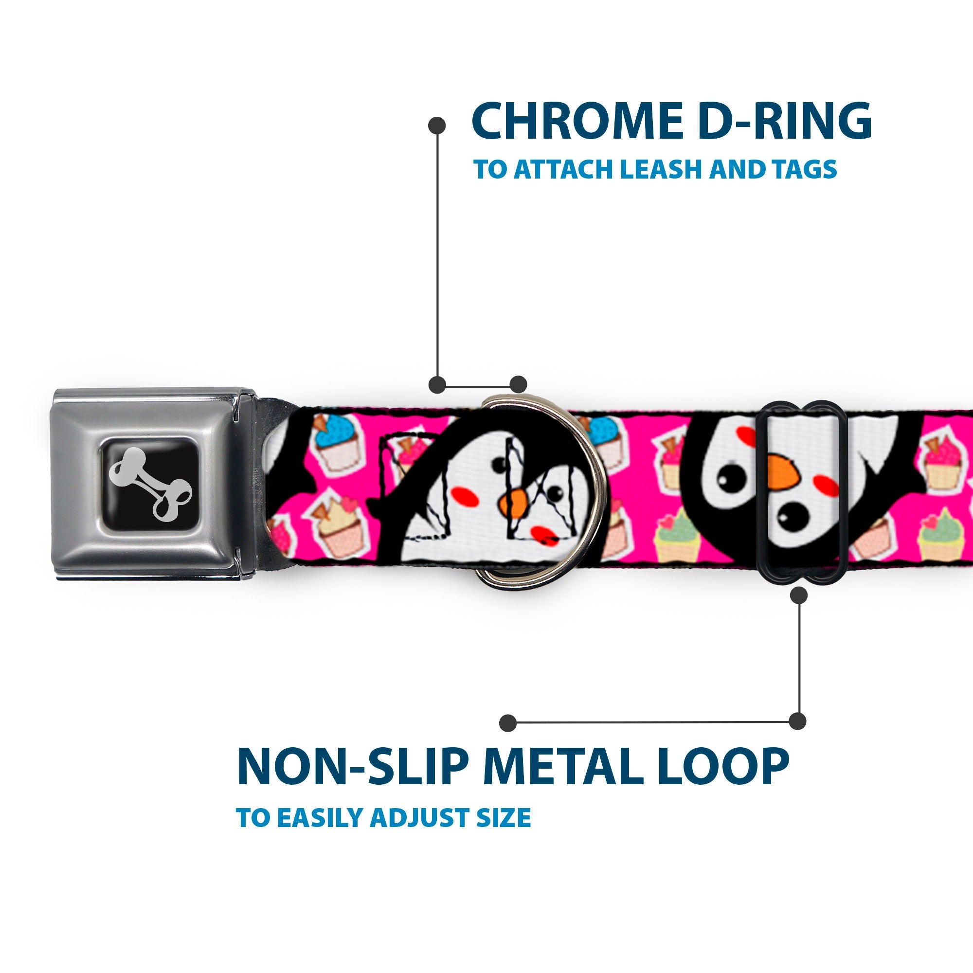 Dog Bone Black/Silver Seatbelt Buckle Collar - Penguins w/Cupcakes Fuchsia/Purple/White