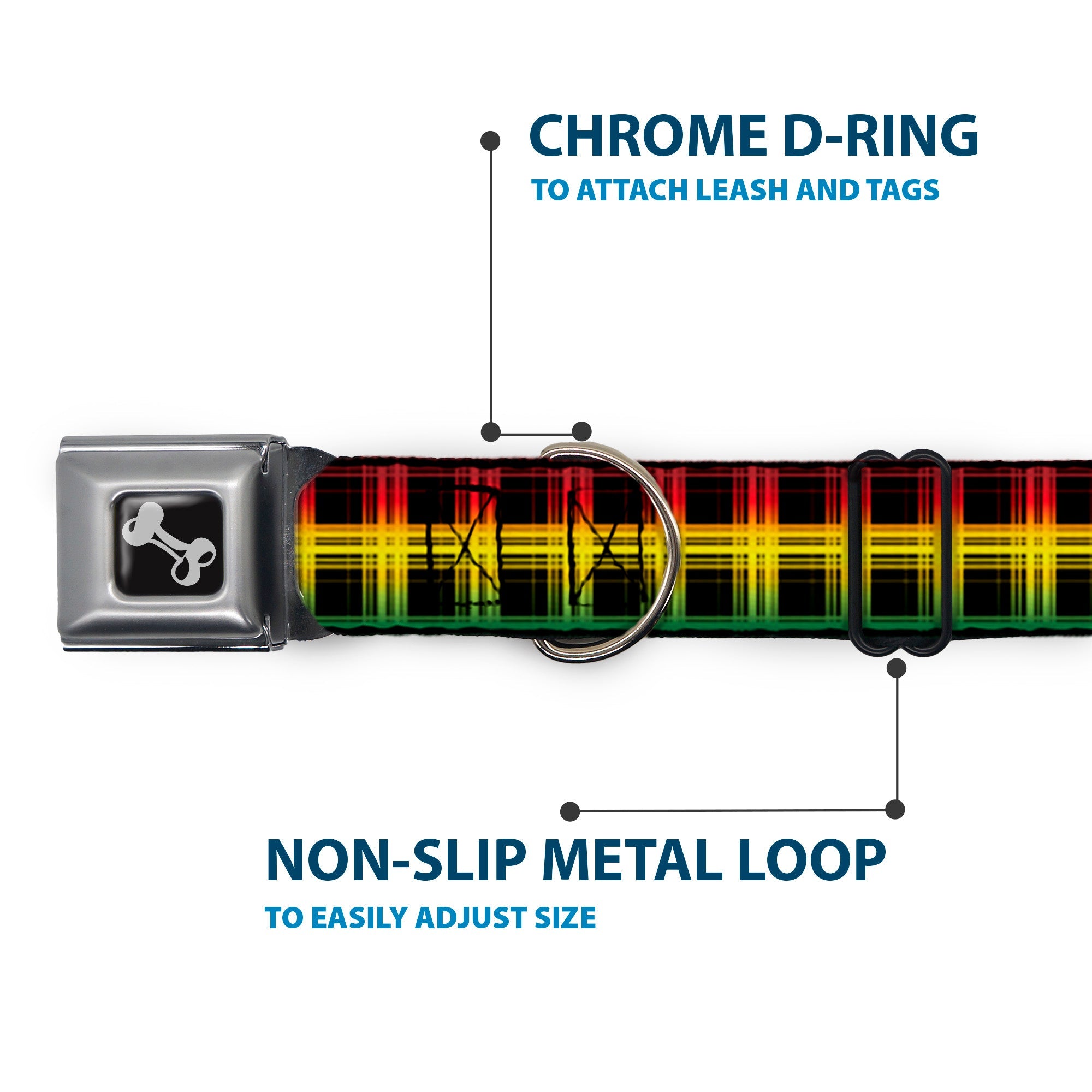 Dog Bone Seatbelt Buckle Collar - Plaid Black/Rasta