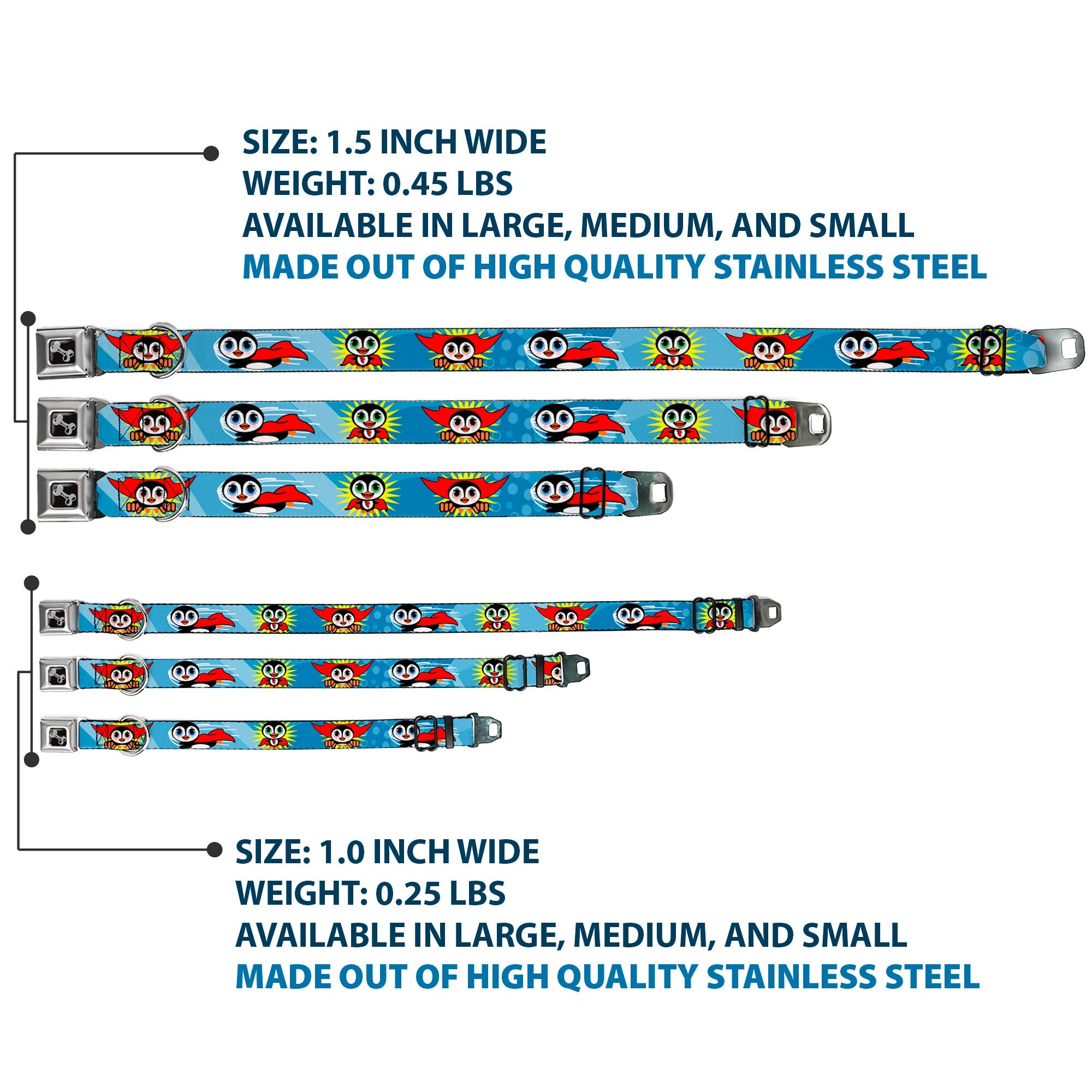 Dog Bone Seatbelt Buckle Collar - Penguin Superhero Blue Bubbles