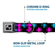 Dog Bone Seatbelt Buckle Collar - Pixilated Checker Black/Fuchsia/Turquoise