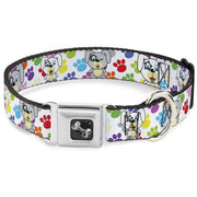 Dog Bone Seatbelt Buckle Collar - Puppies w/Paw Prints White/Multi Color