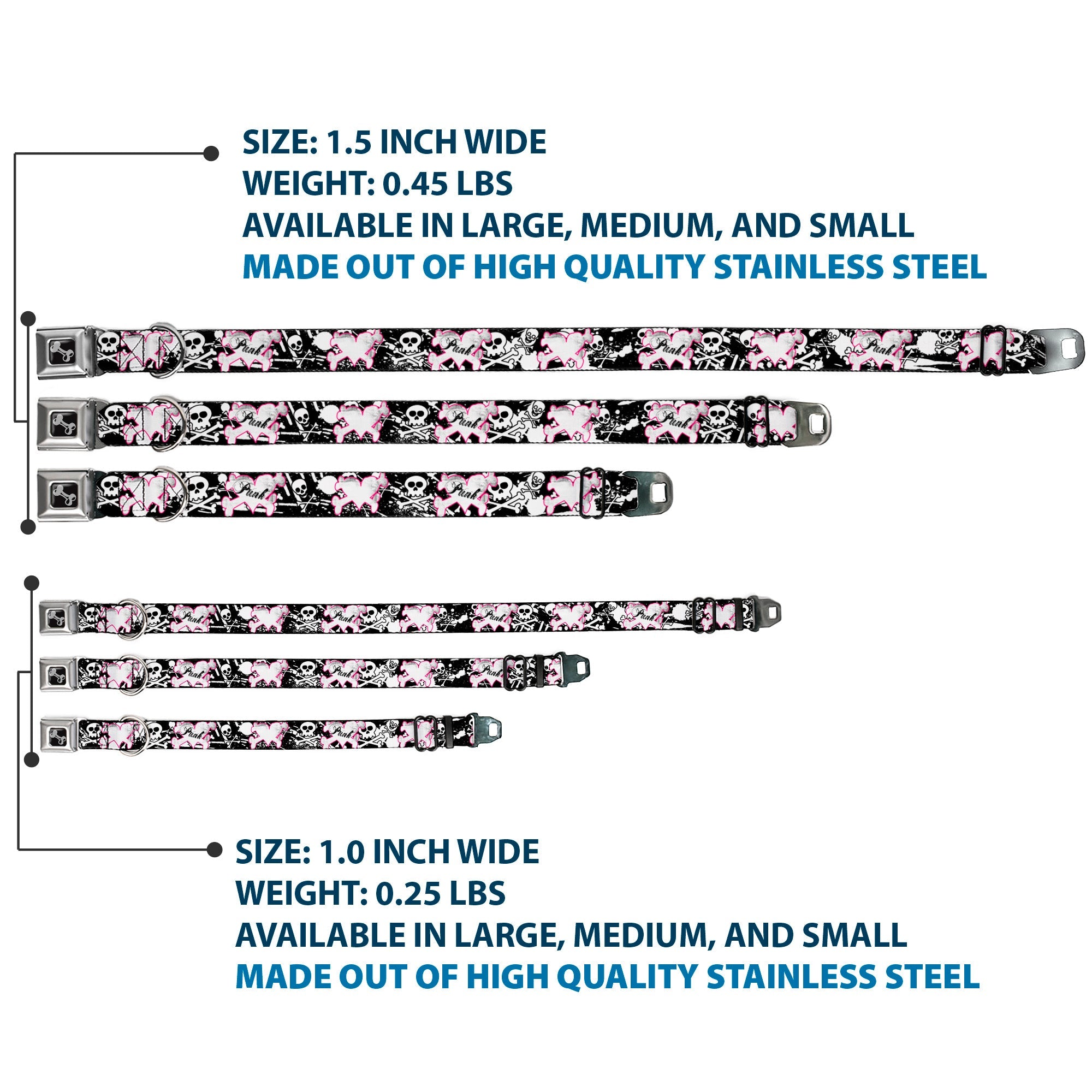 Dog Bone Black/Silver Seatbelt Buckle Collar - Punk Heart & Cross Bones w/Skulls & Splatter Black/White
