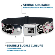 Dog Bone Black/Silver Seatbelt Buckle Collar - Punk Heart & Cross Bones w/Skulls & Splatter Black/White