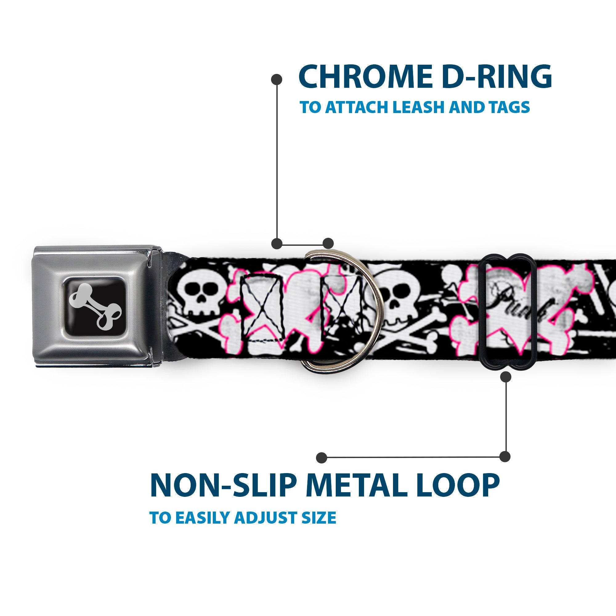 Dog Bone Black/Silver Seatbelt Buckle Collar - Punk Heart & Cross Bones w/Skulls & Splatter Black/White