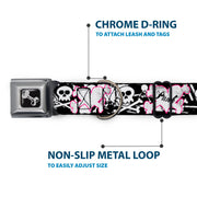 Dog Bone Black/Silver Seatbelt Buckle Collar - Punk Heart & Cross Bones w/Skulls & Splatter Black/White