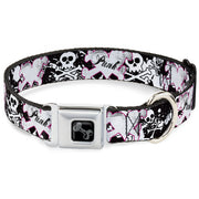 Dog Bone Black/Silver Seatbelt Buckle Collar - Punk Heart & Cross Bones w/Skulls & Splatter Black/White