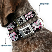 Dog Bone Black/Silver Seatbelt Buckle Collar - Punk Heart & Cross Bones w/Splatter Black/White