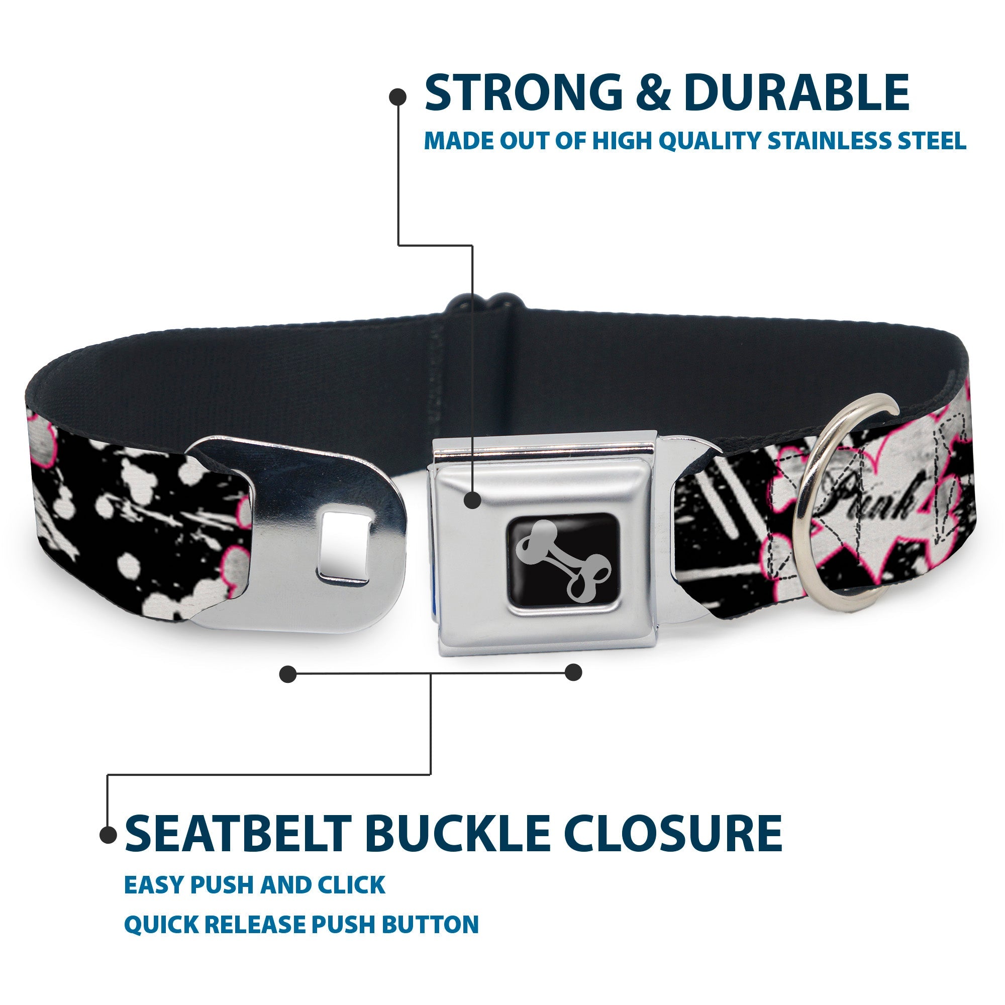 Dog Bone Black/Silver Seatbelt Buckle Collar - Punk Heart & Cross Bones w/Splatter Black/White