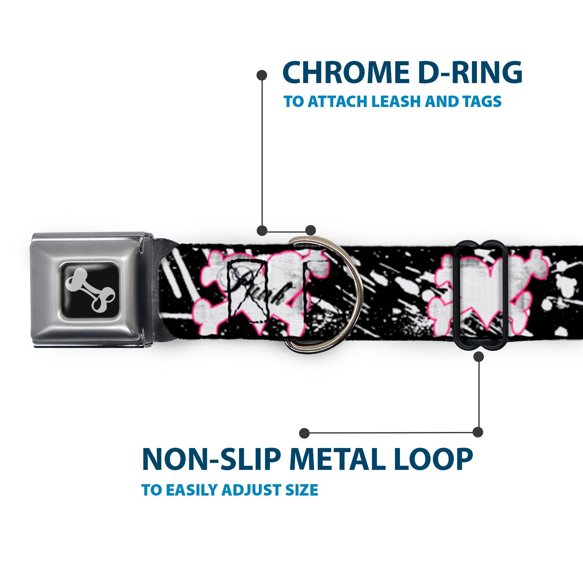 Dog Bone Black/Silver Seatbelt Buckle Collar - Punk Heart & Cross Bones w/Splatter Black/White