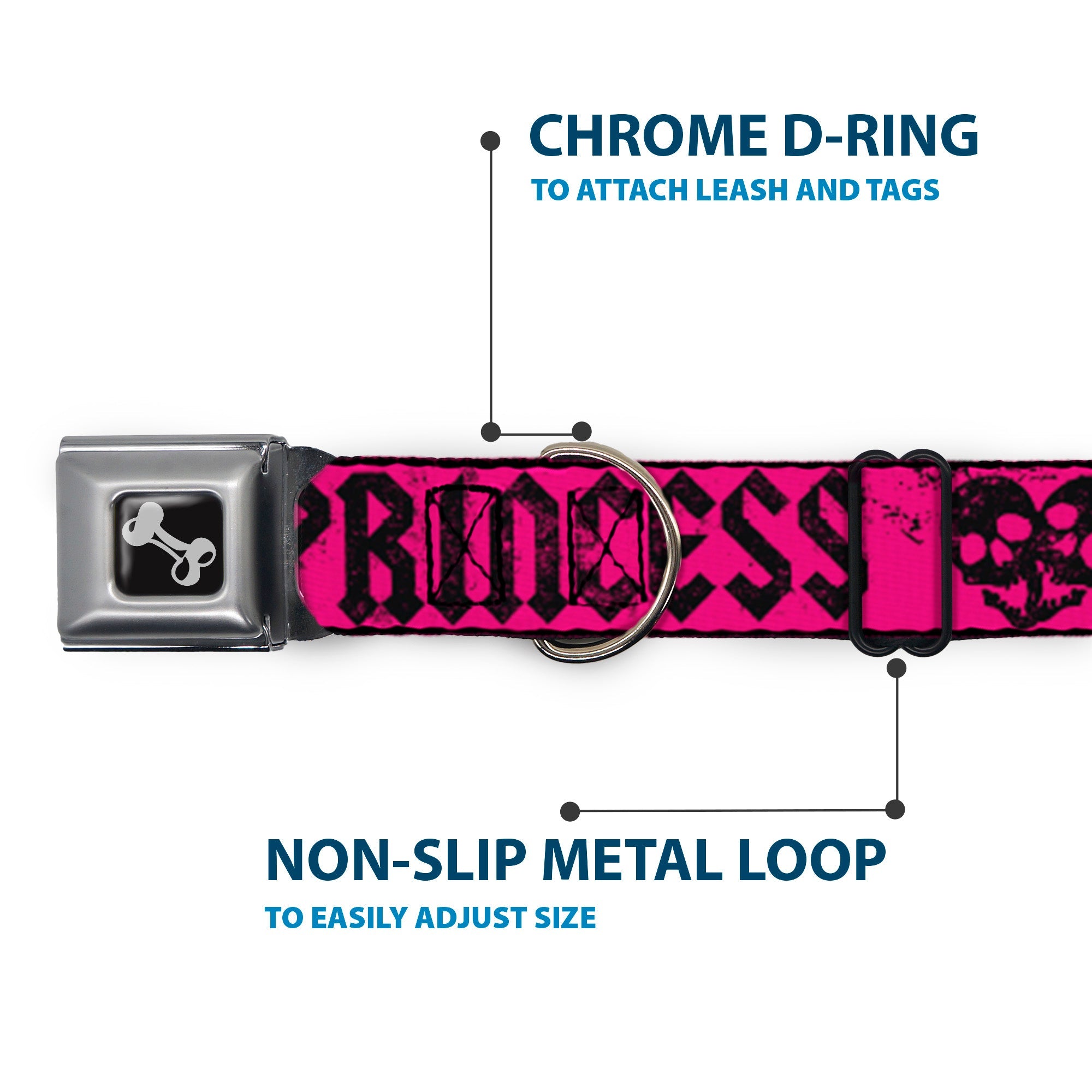 Dog Bone Seatbelt Buckle Collar - Punk Princess Fuchsia/Black