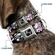 Dog Bone Seatbelt Buckle Collar - Punk Princess Heart & Cross Bones w/Skulls & Splatter Black/White
