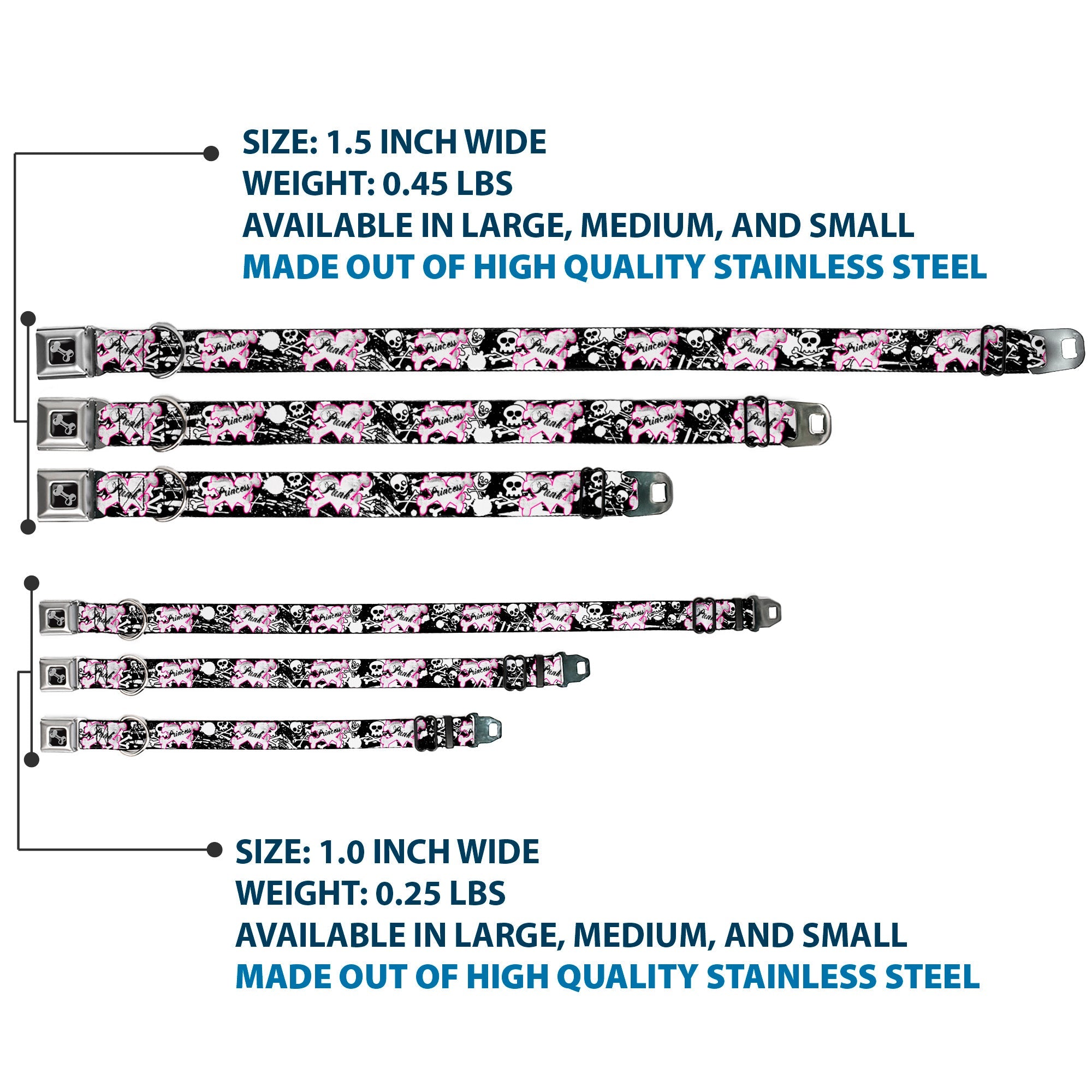 Dog Bone Seatbelt Buckle Collar - Punk Princess Heart & Cross Bones w/Skulls & Splatter Black/White