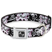 Dog Bone Seatbelt Buckle Collar - Punk Princess Heart & Cross Bones w/Skulls & Splatter Black/White