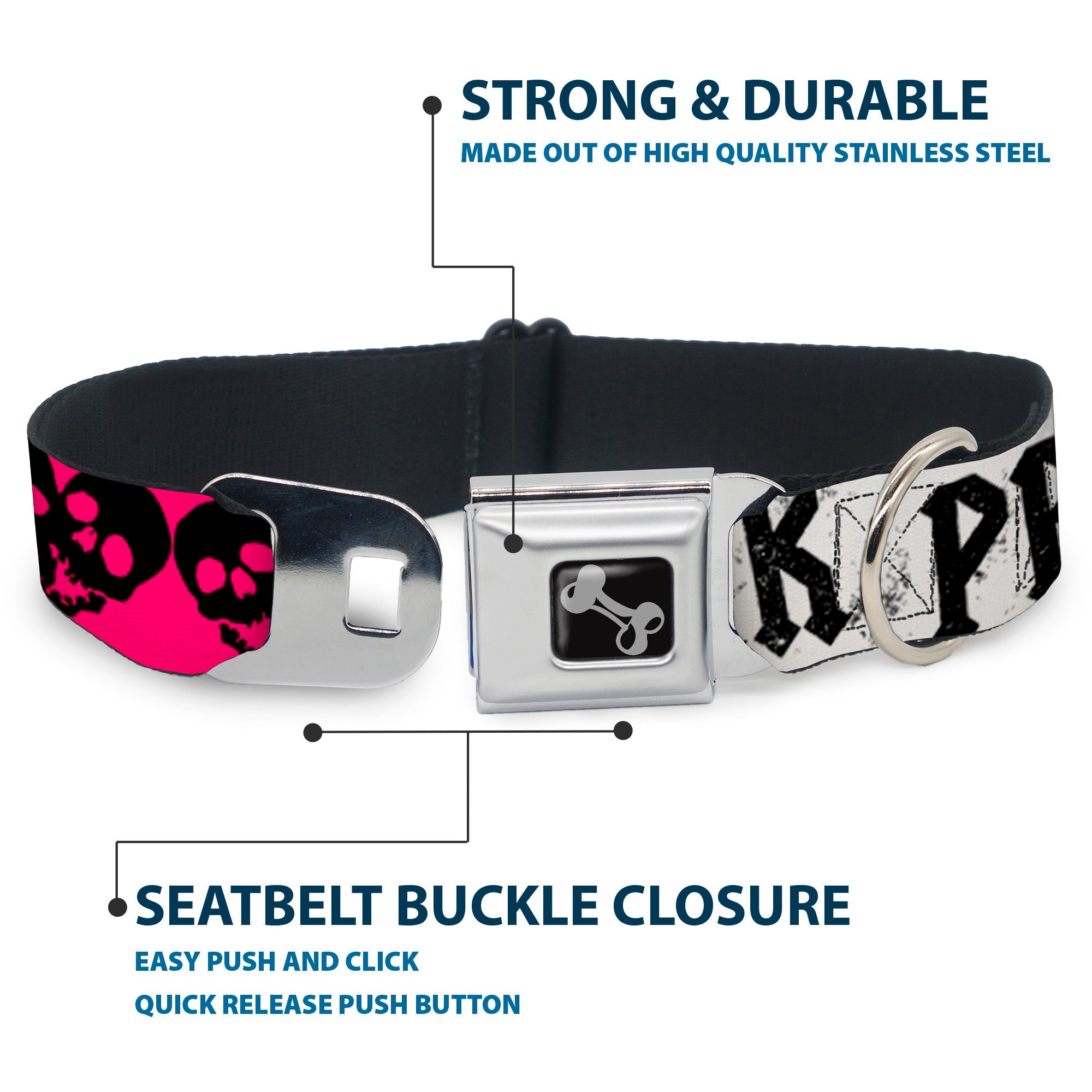 Dog Bone Seatbelt Buckle Collar - Punk Princess w/Zippers & Skulls